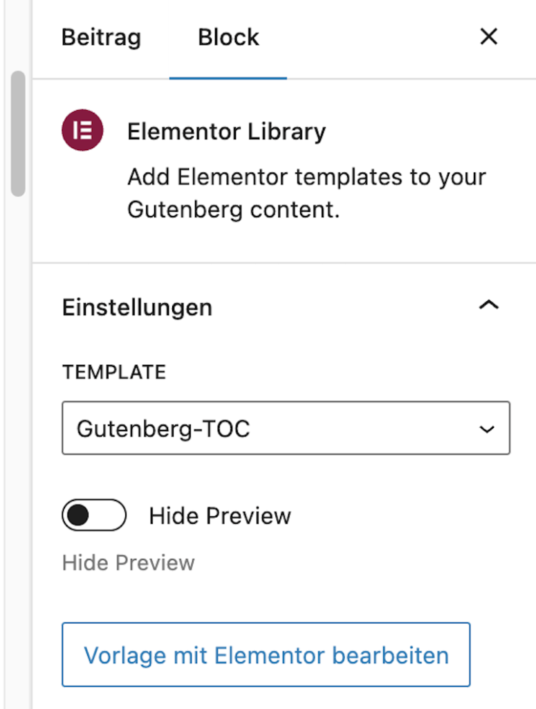 Template für das Inhaltsverzeichnis  in Elementor bearbeiten