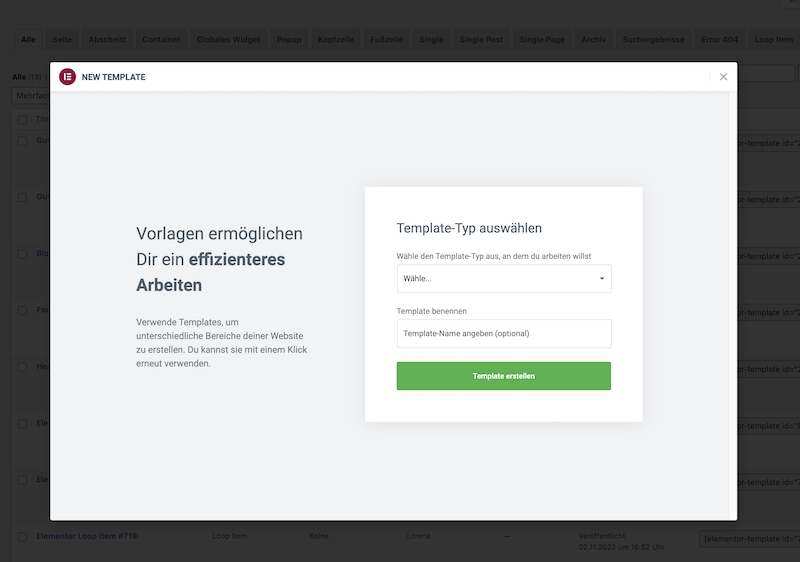 Elementor Neues Template